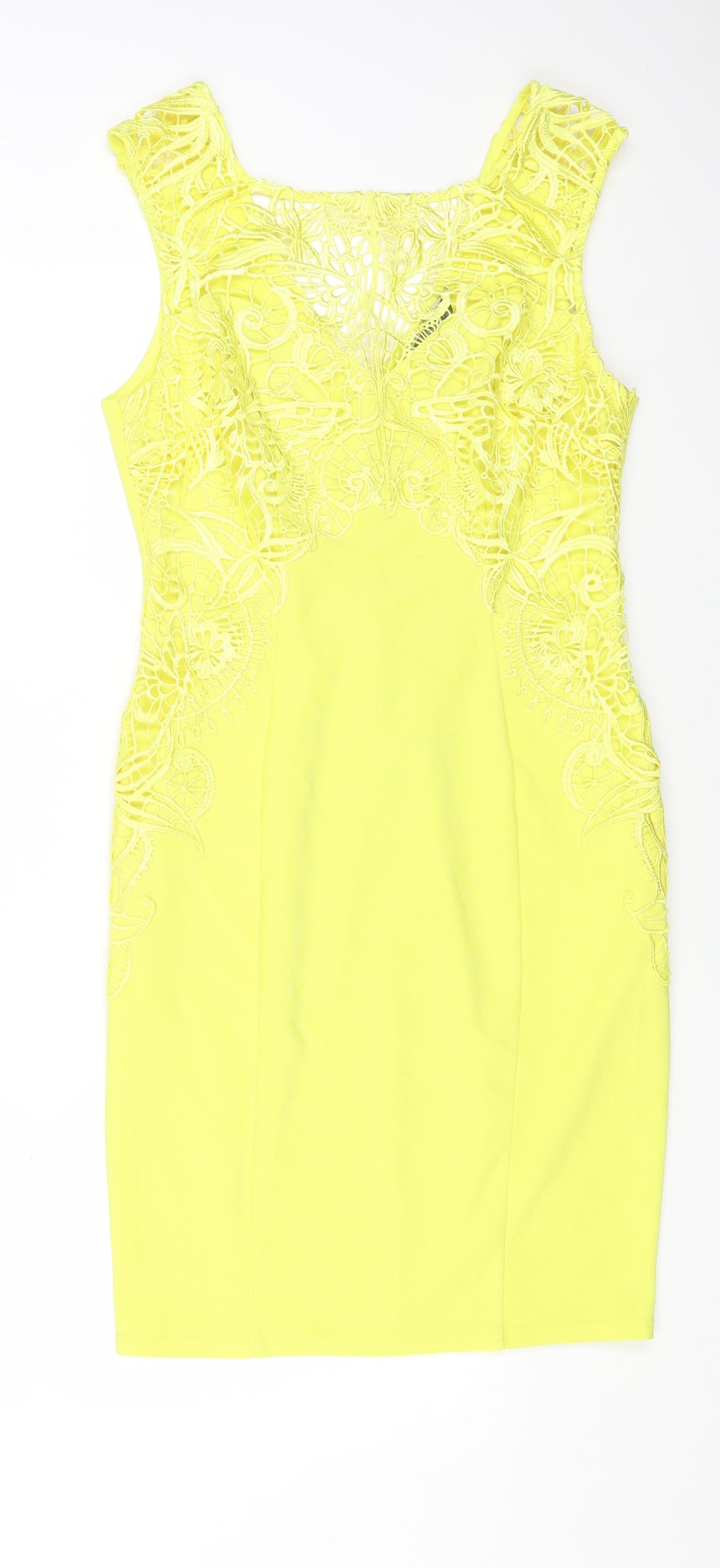 Lipsy Womens Yellow Floral Polyester A-Line Size 12 Square Neck Zip