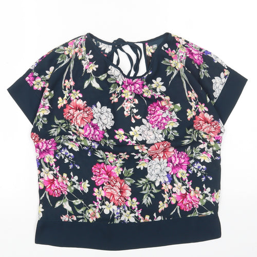Marks and Spencer Womens Blue Floral Polyester Basic Blouse Size 6 Round Neck