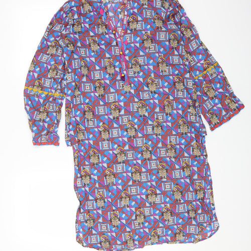 Bonanza Womens Blue Geometric Cotton Kaftan Size 8 V-Neck Pullover