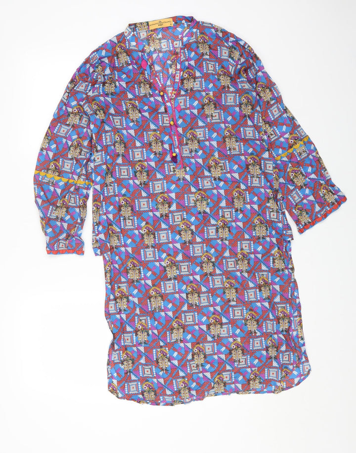 Bonanza Womens Blue Geometric Cotton Kaftan Size 8 V-Neck Pullover