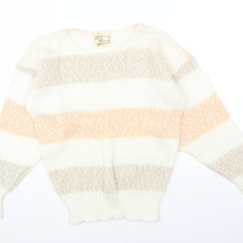 MISS SPARKS Womens White Round Neck Striped Cotton Pullover Jumper Size L