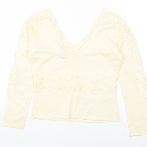 DOLCE CABO Womens White Acrylic Basic T-Shirt Size M V-Neck