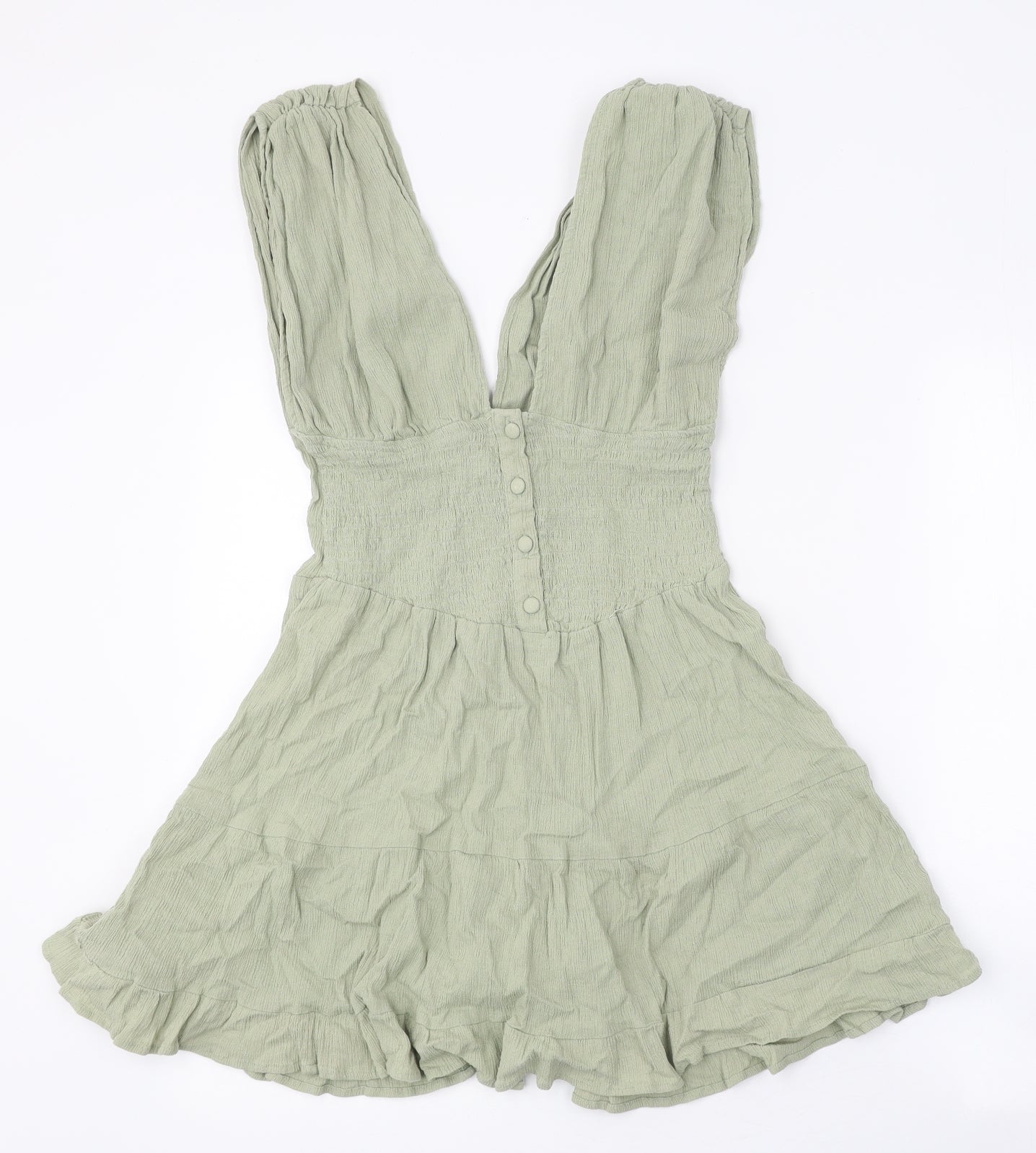 ASOS Womens Green Cotton Skater Dress Size 10 V-Neck Button
