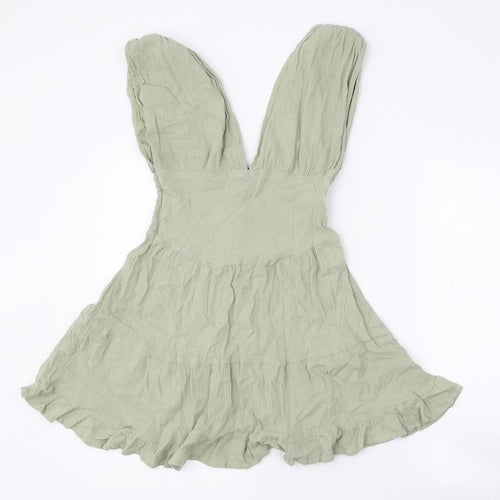 ASOS Womens Green Cotton Skater Dress Size 10 V-Neck Button