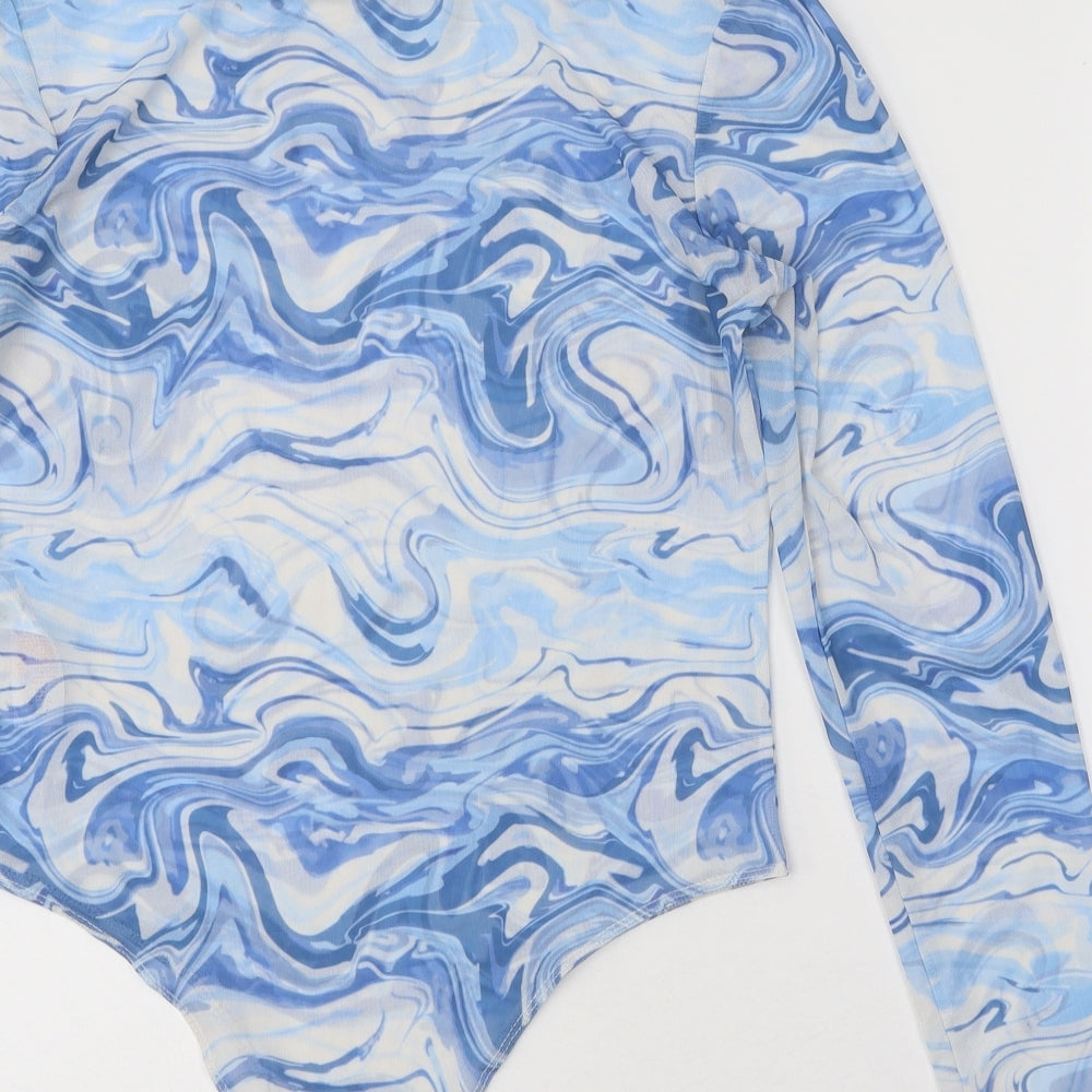 Primark Womens Blue Geometric Polyester Bodysuit One-Piece Size M Button