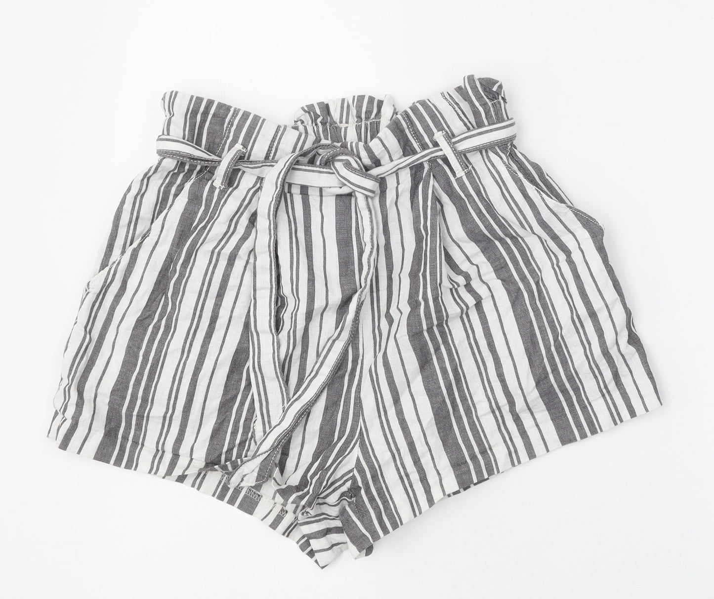 Divided Womens Grey Striped Cotton Paperbag Shorts Size 10 Regular Tie