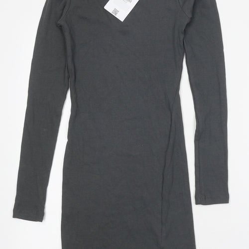 Bershka Womens Grey Cotton Bodycon Size XS Round Neck Pullover - Ribbed