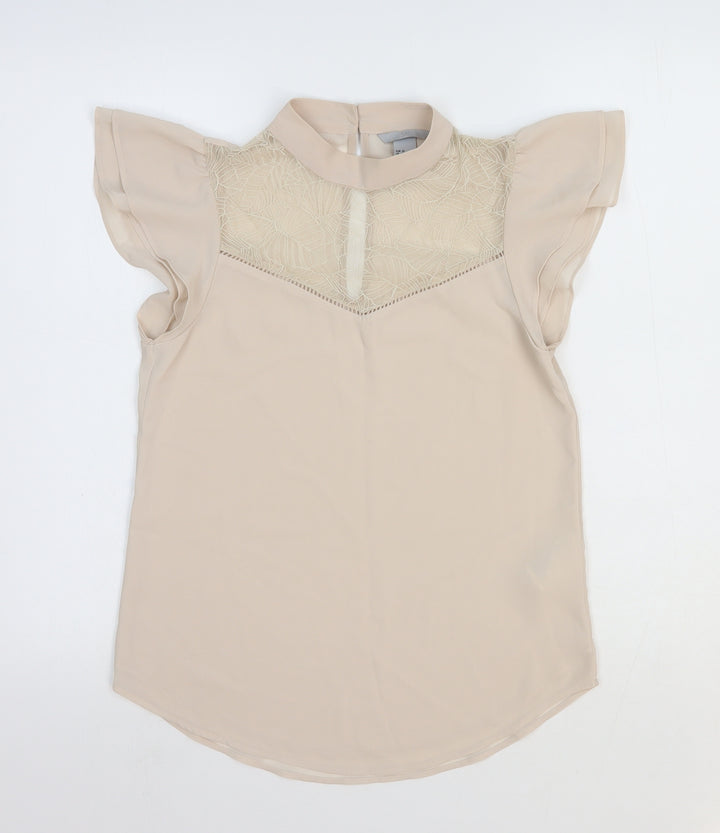 H&M Womens Beige Polyester Basic Blouse Size 4 Round Neck