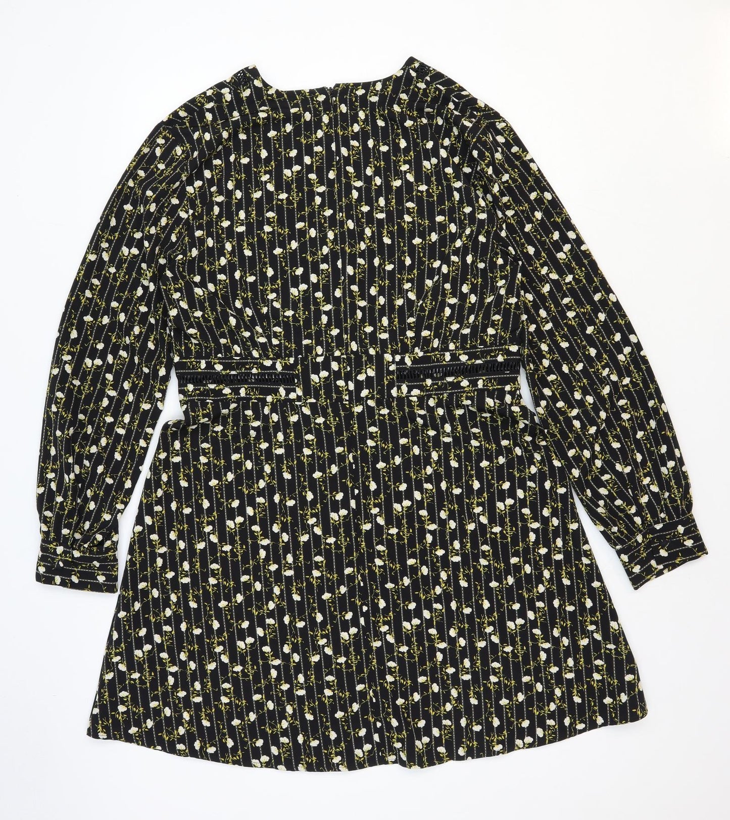 Topshop Womens Black Floral Polyester A-Line Size 16 V-Neck Zip