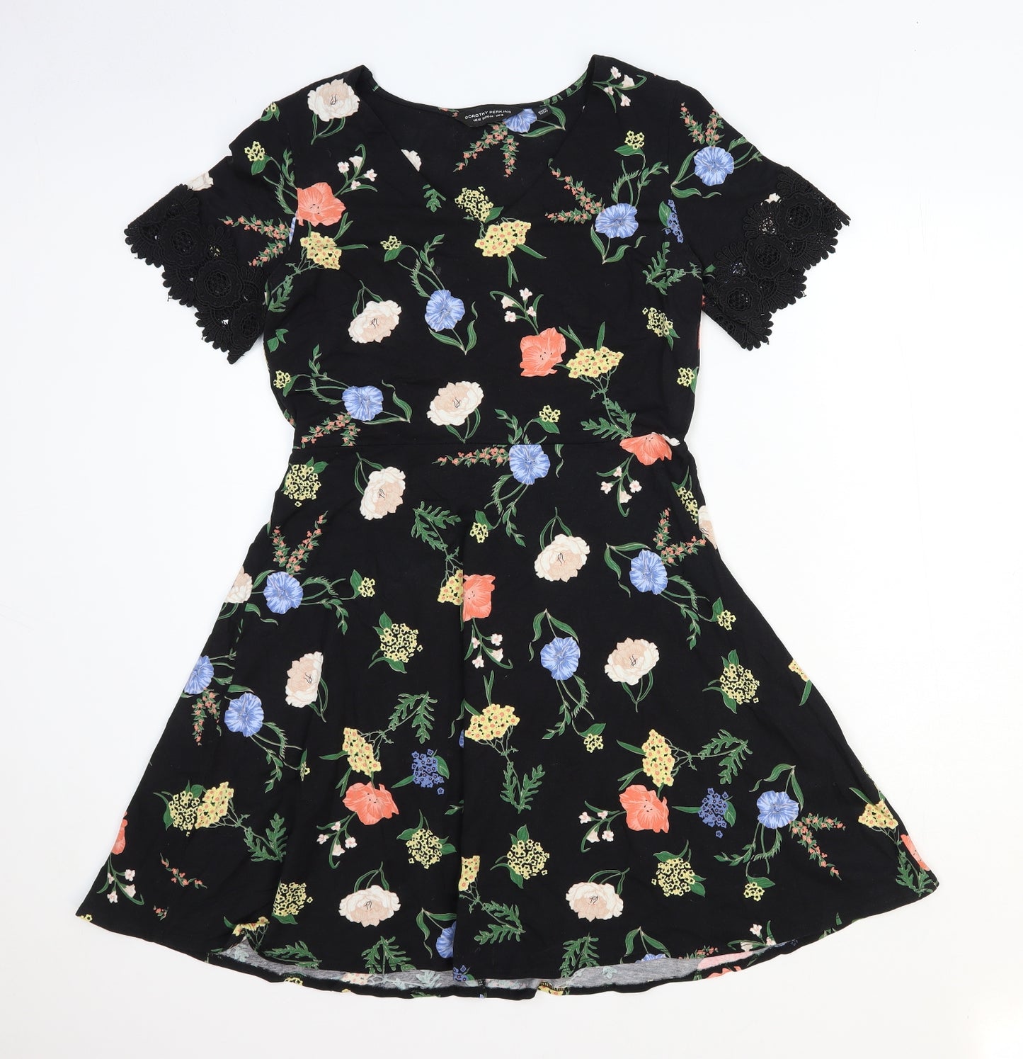 Dorothy Perkins Womens Black Floral Cotton Fit & Flare Size 16 V-Neck Pullover - Lace Trim