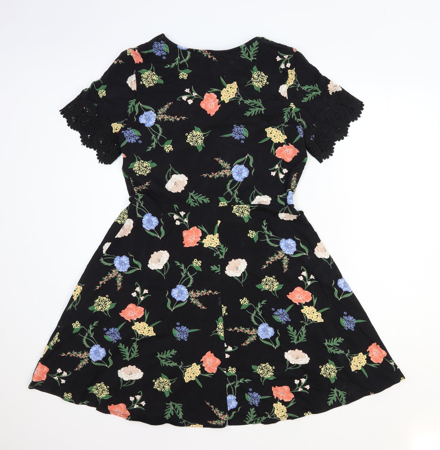 Dorothy Perkins Womens Black Floral Cotton Fit & Flare Size 16 V-Neck Pullover - Lace Trim