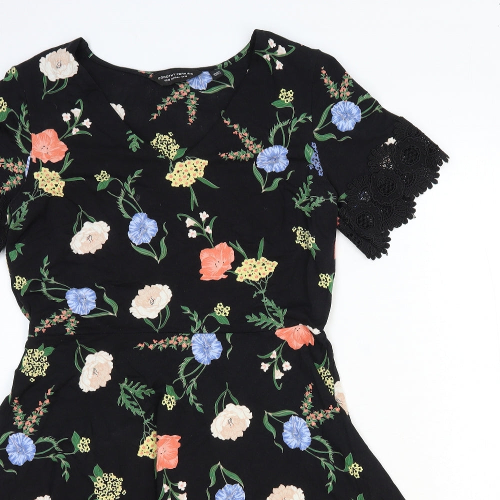 Dorothy Perkins Womens Black Floral Cotton Fit & Flare Size 16 V-Neck Pullover - Lace Trim