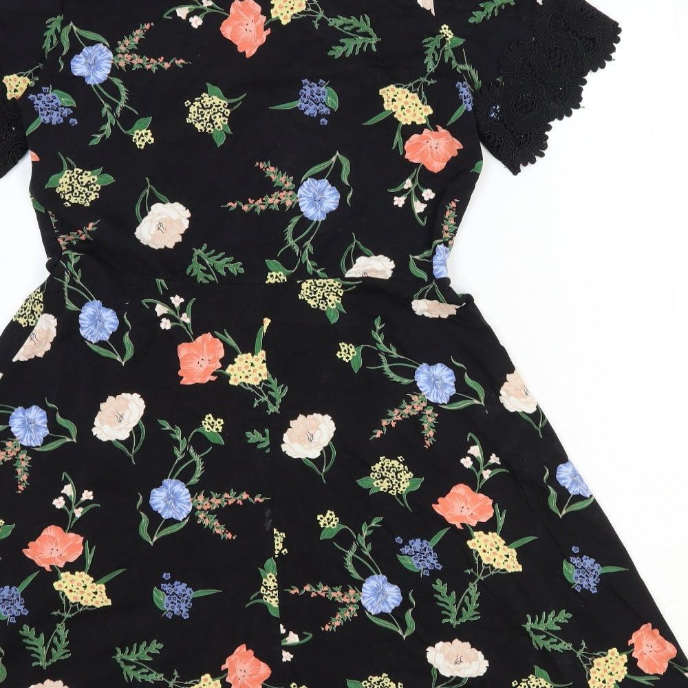 Dorothy Perkins Womens Black Floral Cotton Fit & Flare Size 16 V-Neck Pullover - Lace Trim
