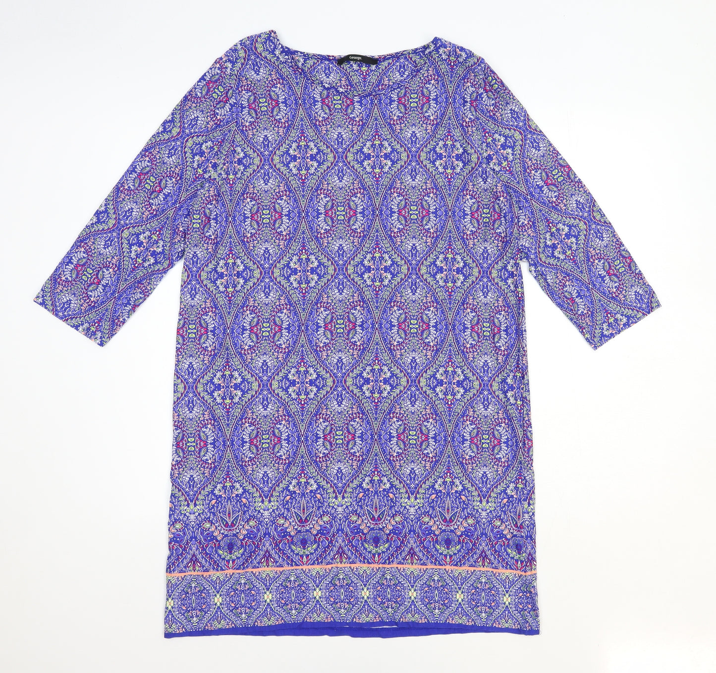 George Womens Blue Geometric Viscose A-Line Size 14 Round Neck Pullover