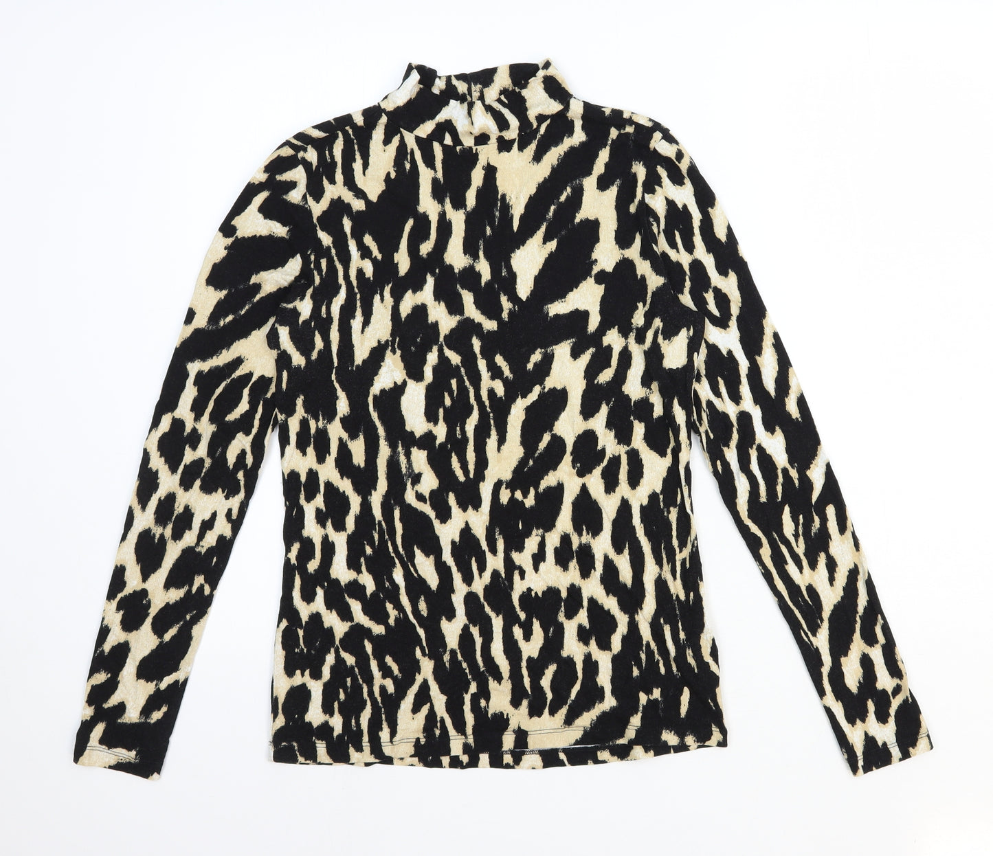 Mint Velvet Womens Black Animal Print Viscose Basic T-Shirt Size M Mock Neck