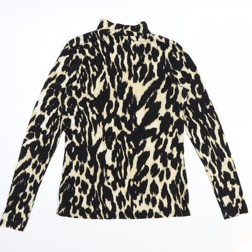 Mint Velvet Womens Black Animal Print Viscose Basic T-Shirt Size M Mock Neck