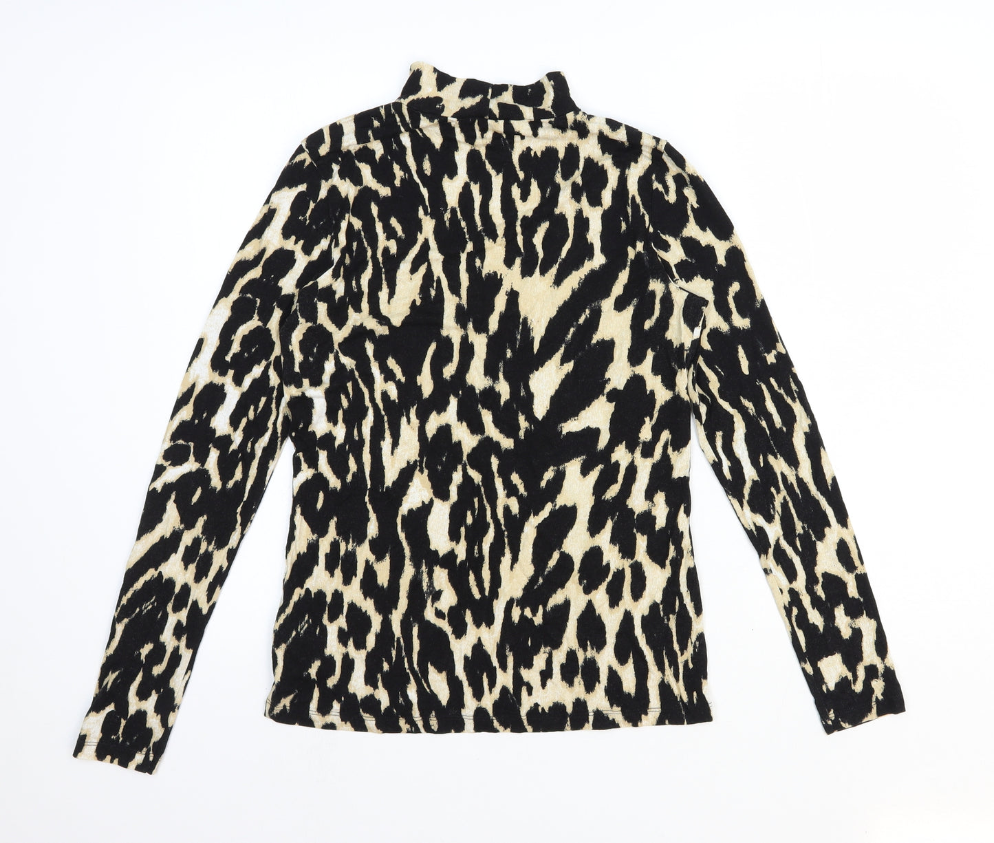 Mint Velvet Womens Black Animal Print Viscose Basic T-Shirt Size M Mock Neck