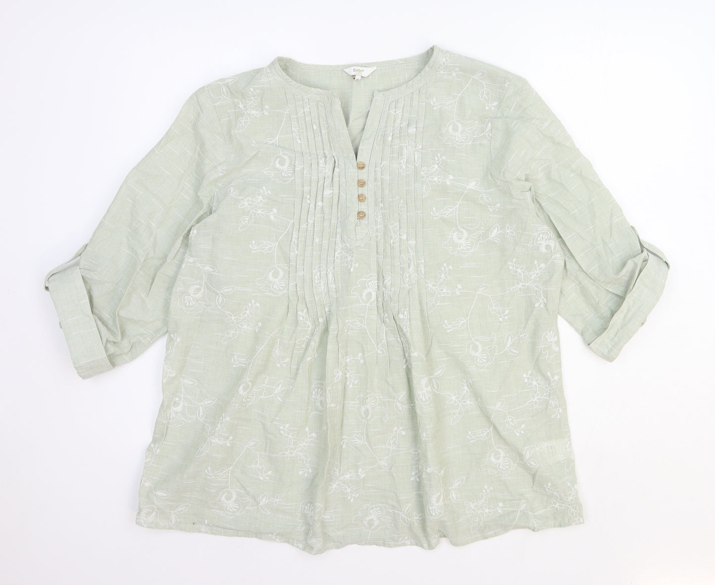 Cotton Traders Womens Green Cotton Basic T-Shirt Size 16 V-Neck - Pleated detail on front