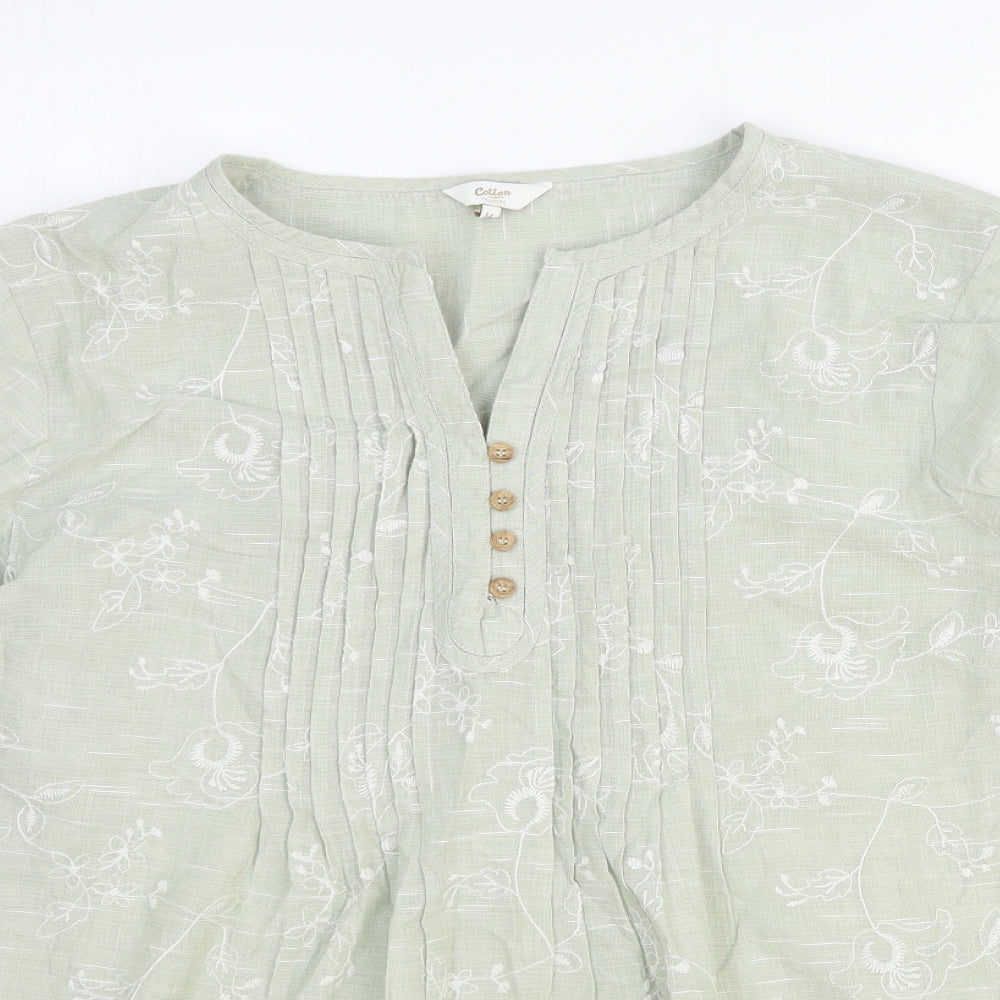 Cotton Traders Womens Green Cotton Basic T-Shirt Size 16 V-Neck - Pleated detail on front