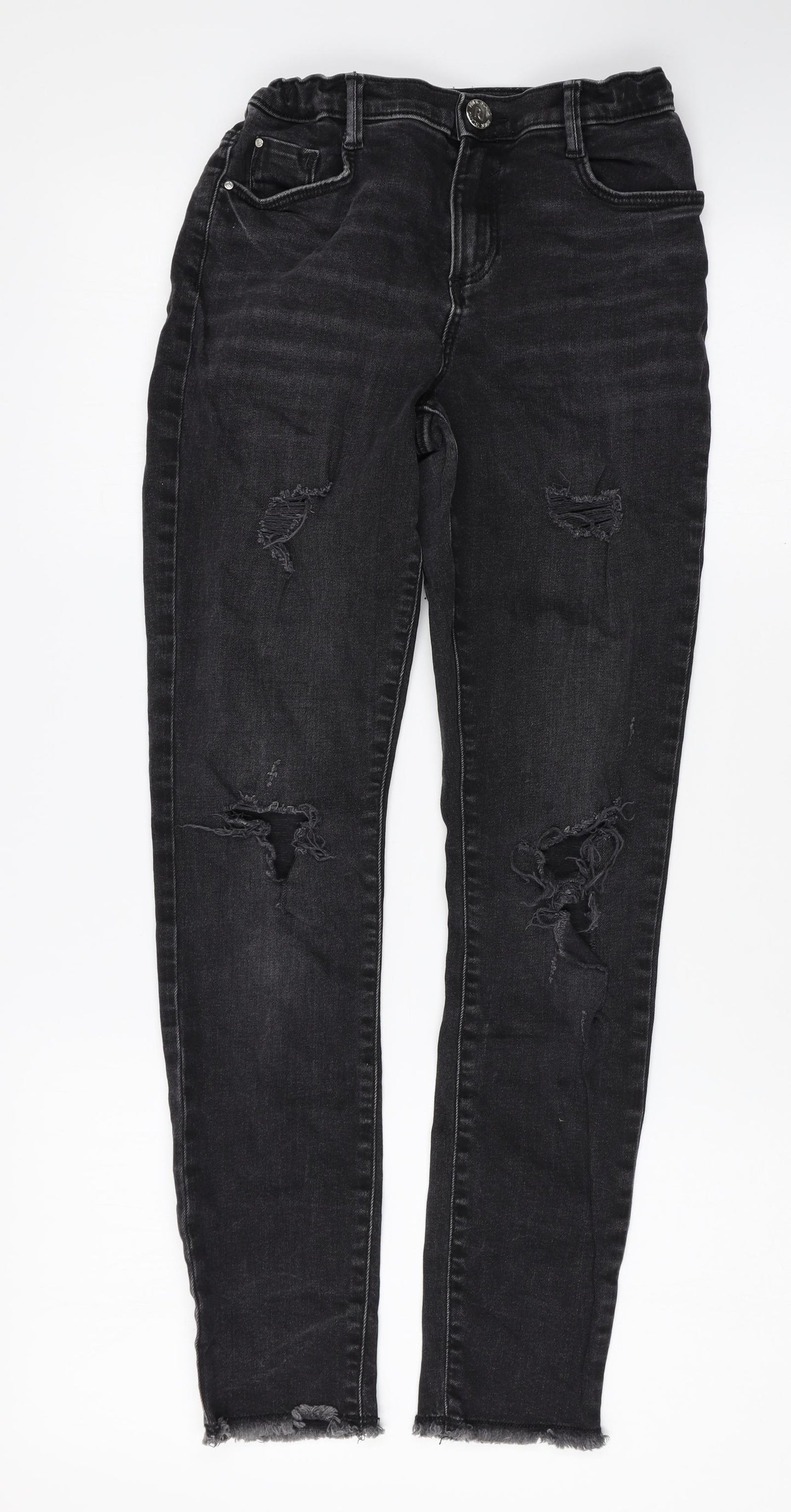 River Island Girls Black Cotton Skinny Jeans Size 12 Years Regular Button - Distressed