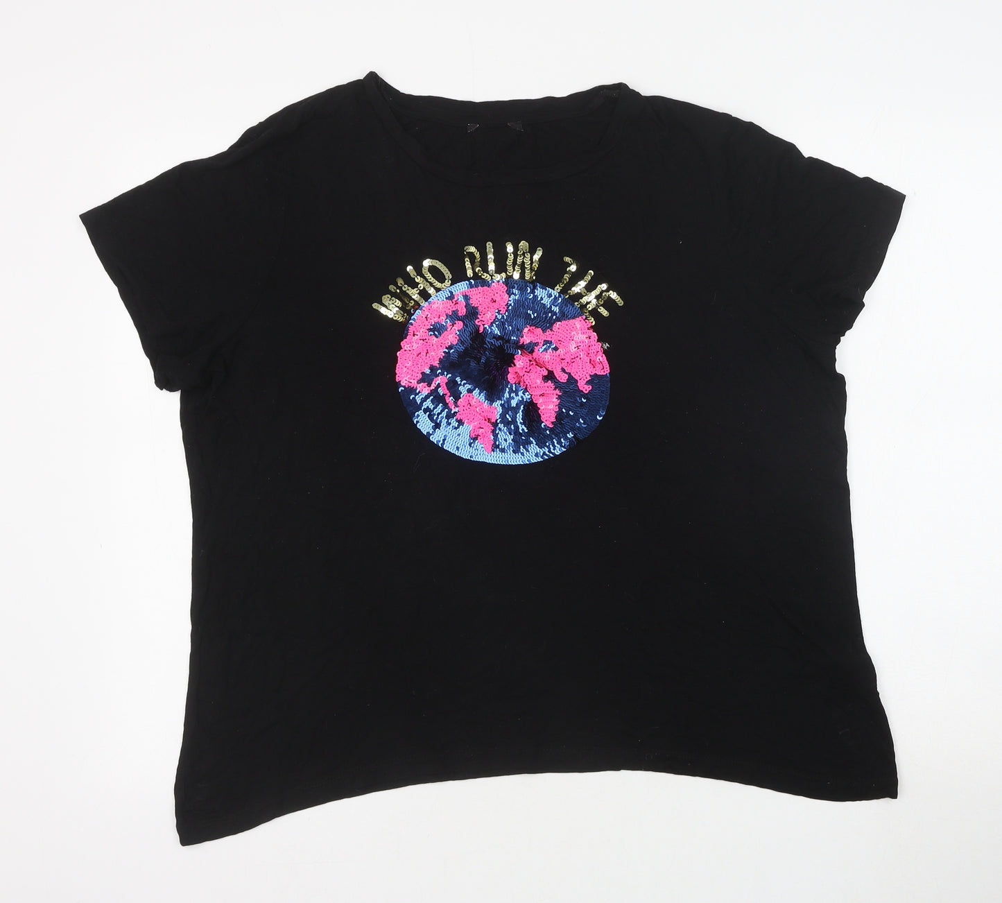 Preworn Womens Black Viscose Basic T-Shirt Size 18 Scoop Neck - Who Runs the World