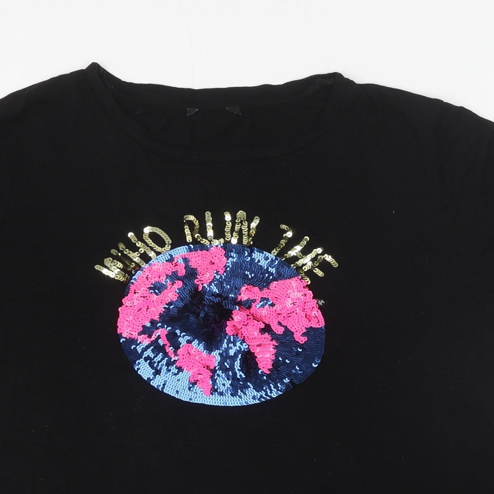 Preworn Womens Black Viscose Basic T-Shirt Size 18 Scoop Neck - Who Runs the World