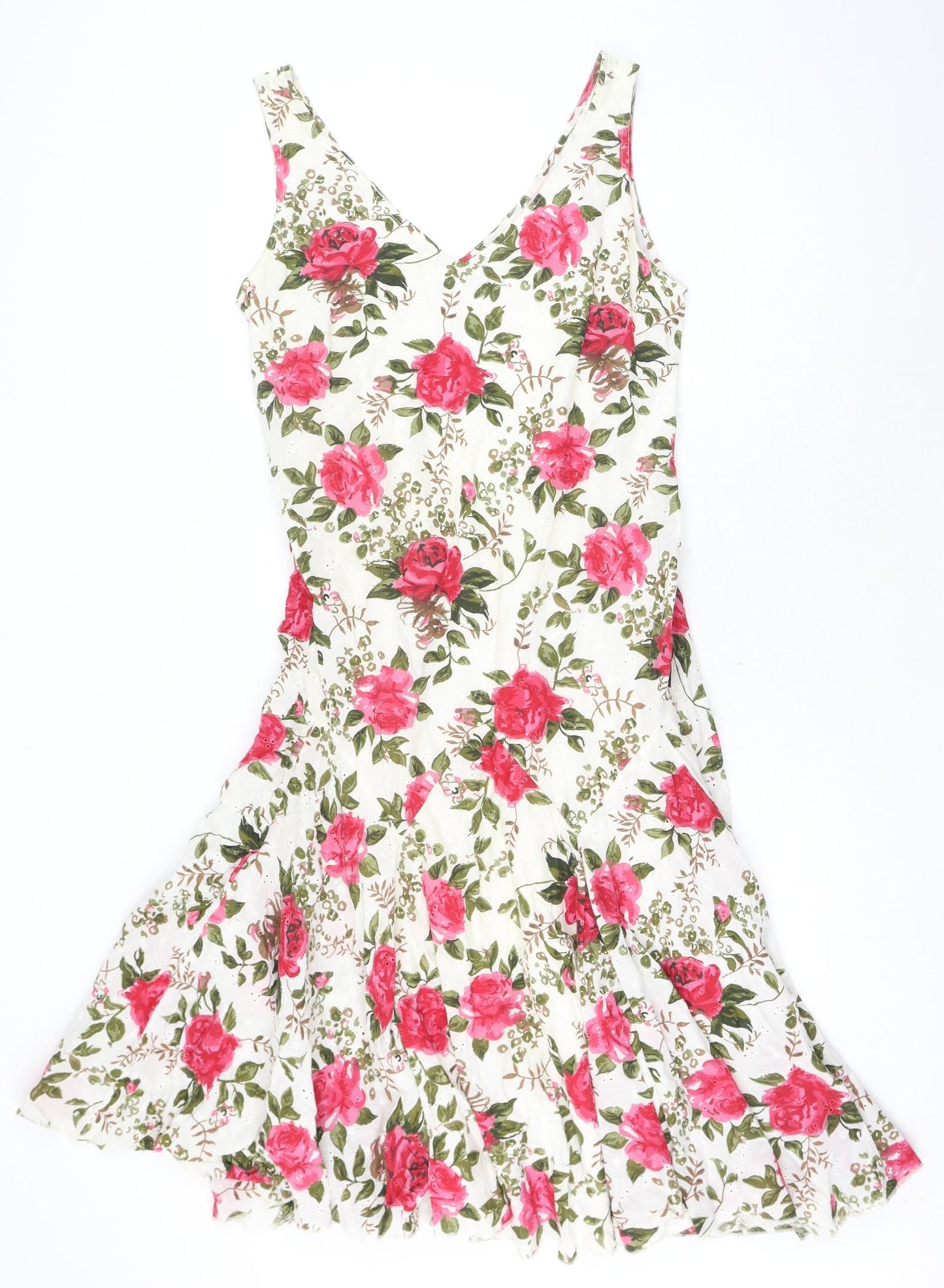 Garfield & Marks Womens White Floral Cotton Fit & Flare Size 12 V-Neck Pullover
