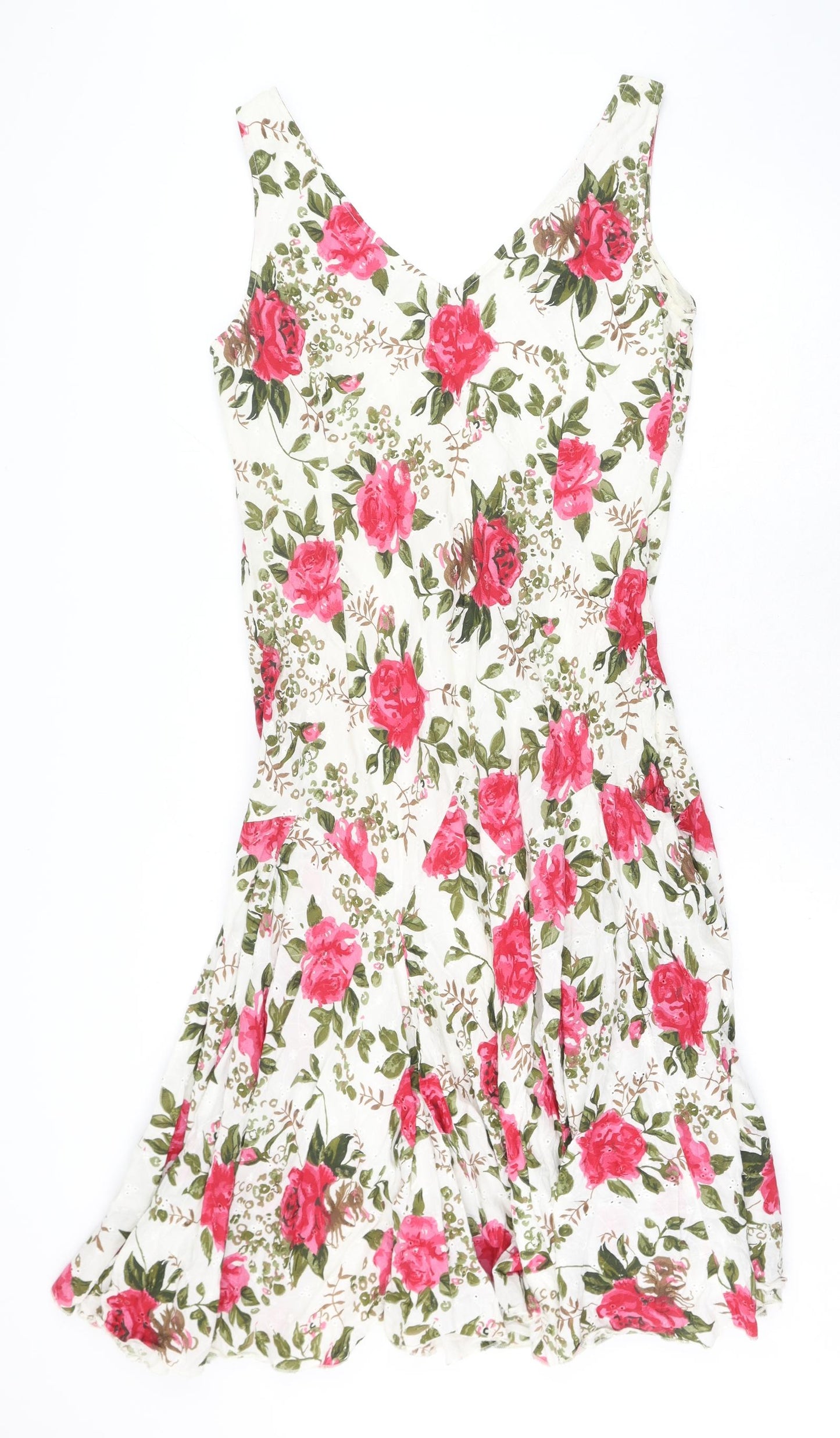 Garfield & Marks Womens White Floral Cotton Fit & Flare Size 12 V-Neck Pullover