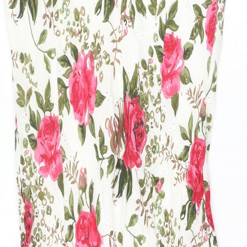 Garfield & Marks Womens White Floral Cotton Fit & Flare Size 12 V-Neck Pullover