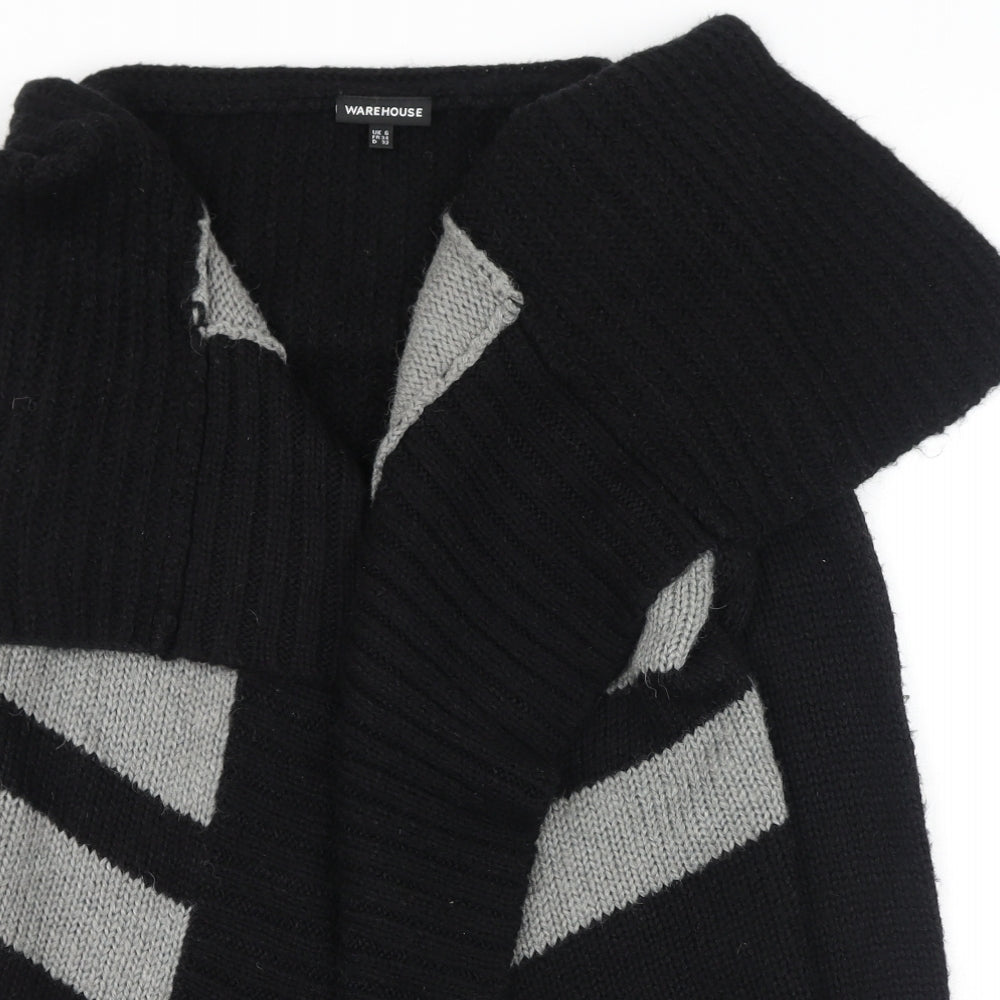 Warehouse Womens Black V-Neck Geometric Acrylic Wrap Jumper Size 6