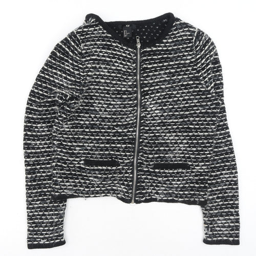 H&M Womens Black Round Neck Geometric Cotton Full Zip Jumper Size S