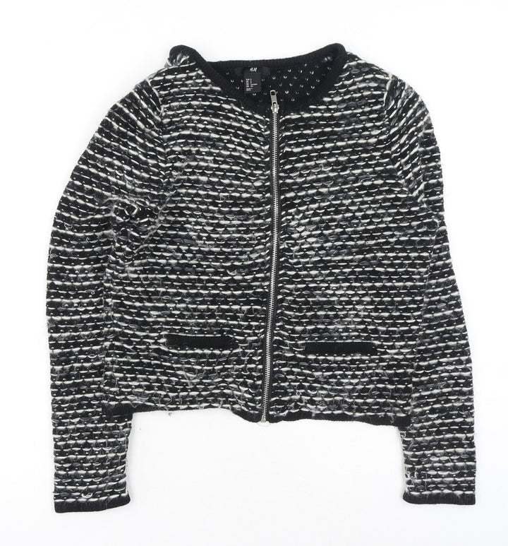 H&M Womens Black Round Neck Geometric Cotton Full Zip Jumper Size S