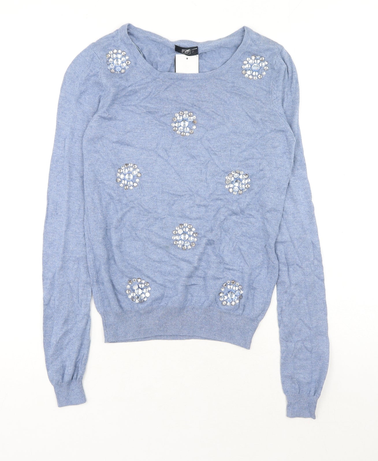 F&F Womens Blue Round Neck Cotton Pullover Jumper Size 6
