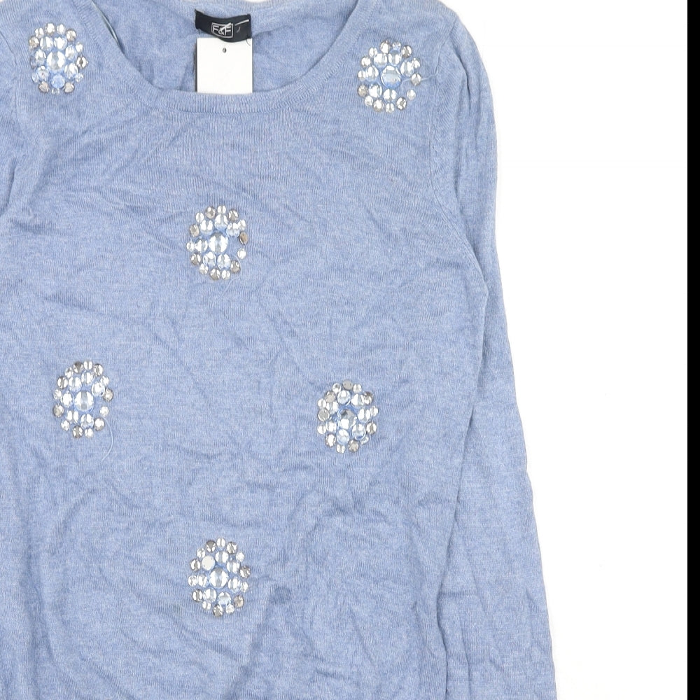 F&F Womens Blue Round Neck Cotton Pullover Jumper Size 6
