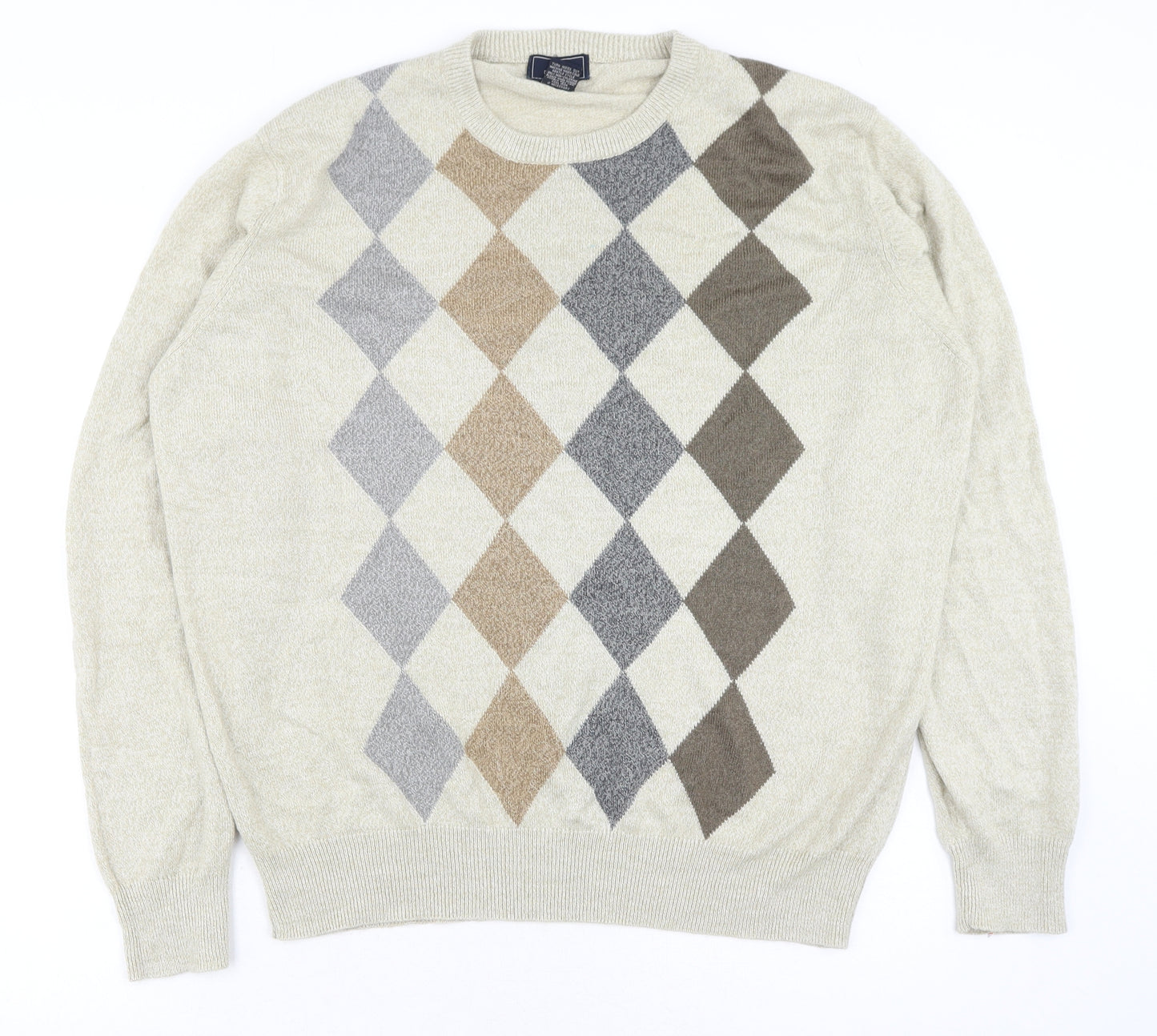 DOCKERS Mens Beige Round Neck Argyle/Diamond Acrylic Pullover Jumper Size L