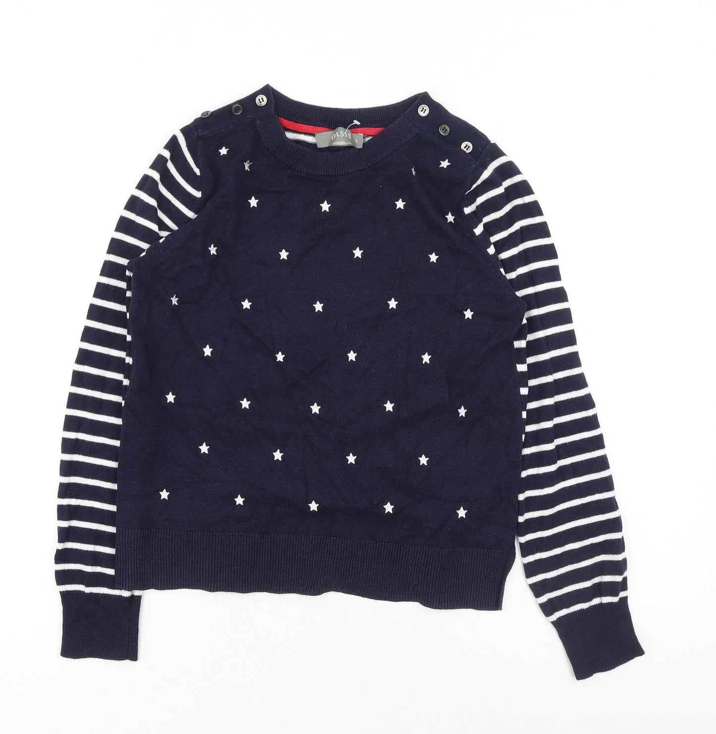 Oasis Womens Blue Round Neck Striped Cotton Pullover Jumper Size S - Star