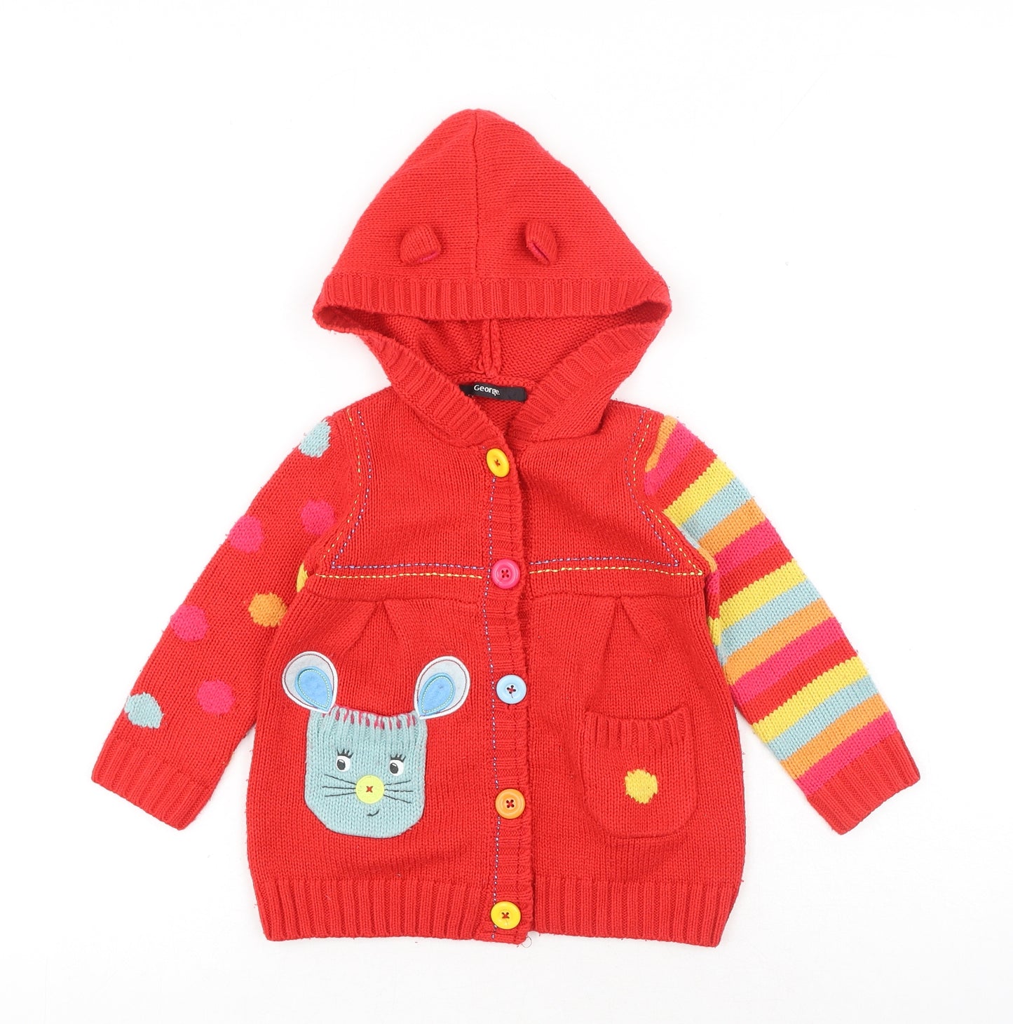 George Girls Red Round Neck Acrylic Cardigan Jumper Size 2-3 Years Button