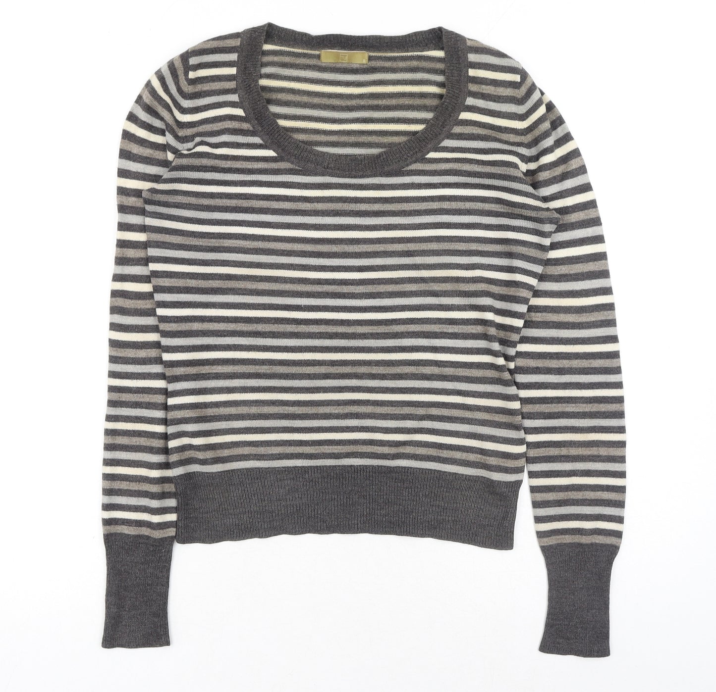TU Womens Grey Scoop Neck Striped Acrylic Pullover Jumper Size 8