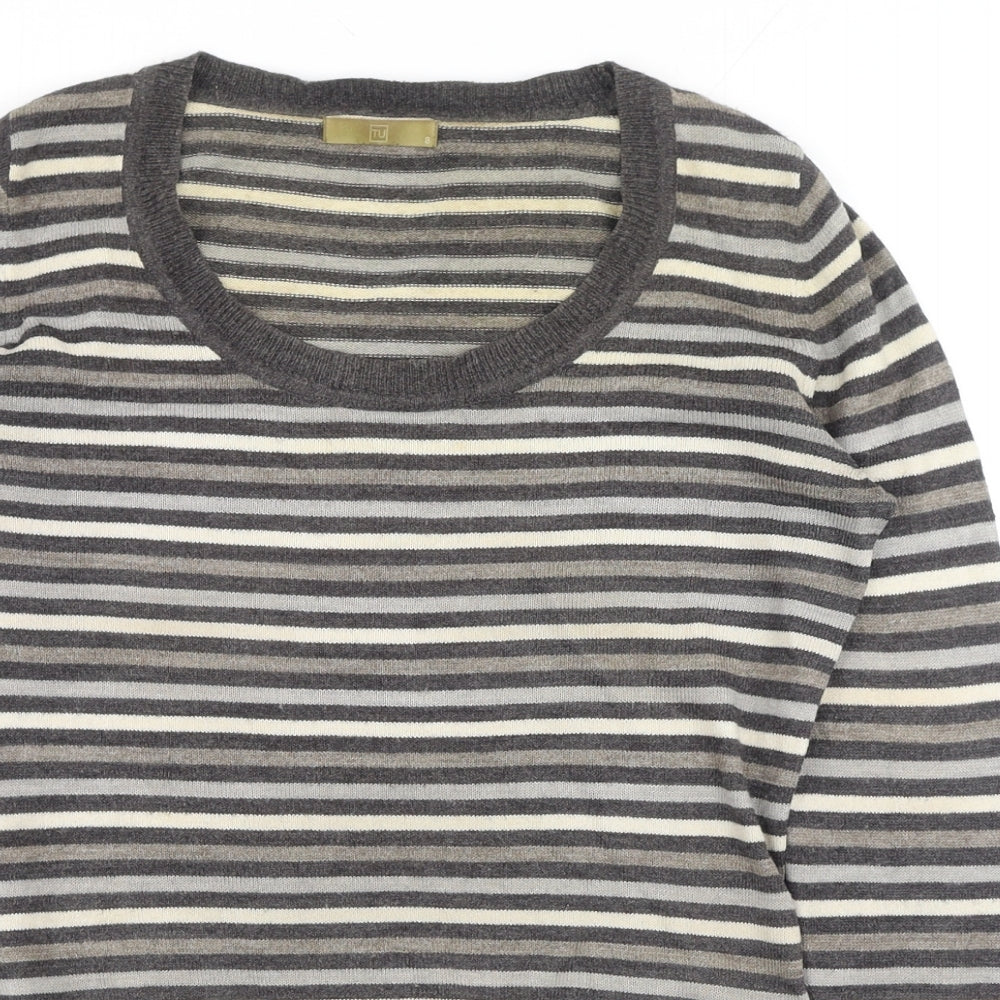 TU Womens Grey Scoop Neck Striped Acrylic Pullover Jumper Size 8
