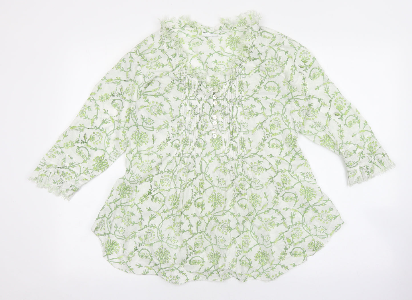 atLast Womens Green Geometric 100% Cotton Basic Blouse Size L V-Neck - Pleated detail on front