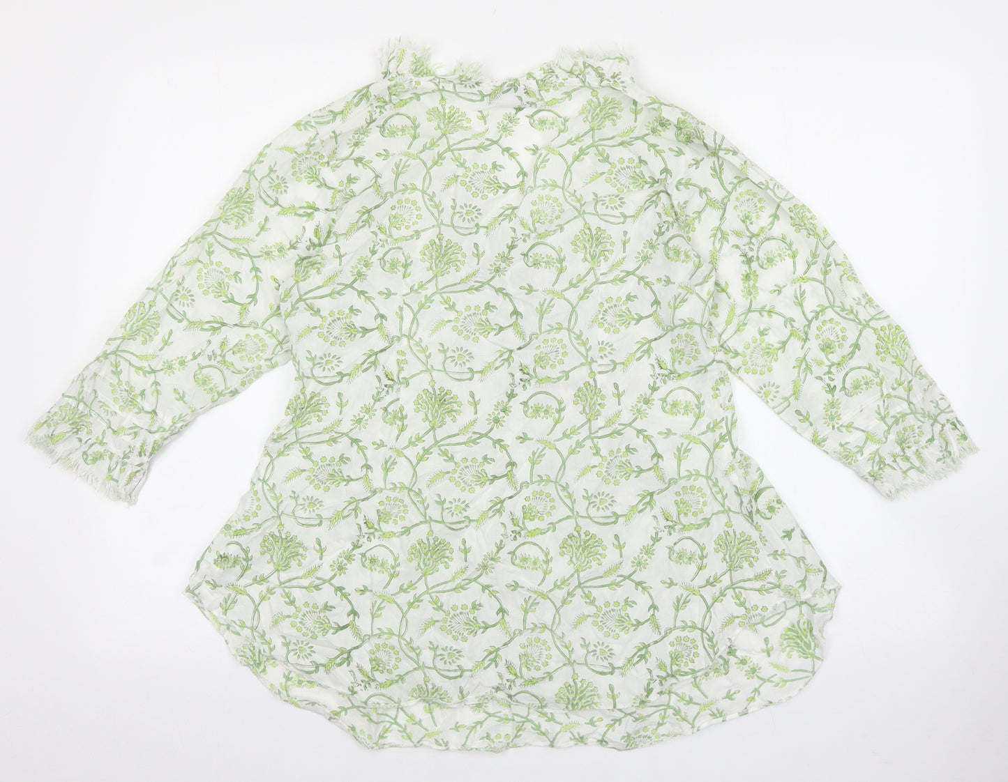 atLast Womens Green Geometric 100% Cotton Basic Blouse Size L V-Neck - Pleated detail on front