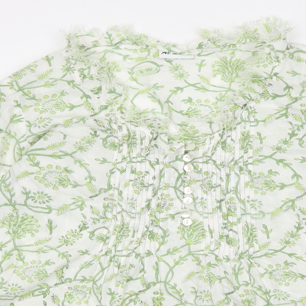 atLast Womens Green Geometric 100% Cotton Basic Blouse Size L V-Neck - Pleated detail on front