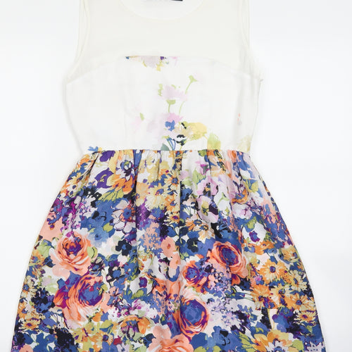 Zara Womens Blue Floral Polyester Fit & Flare Size XS Boat Neck Zip