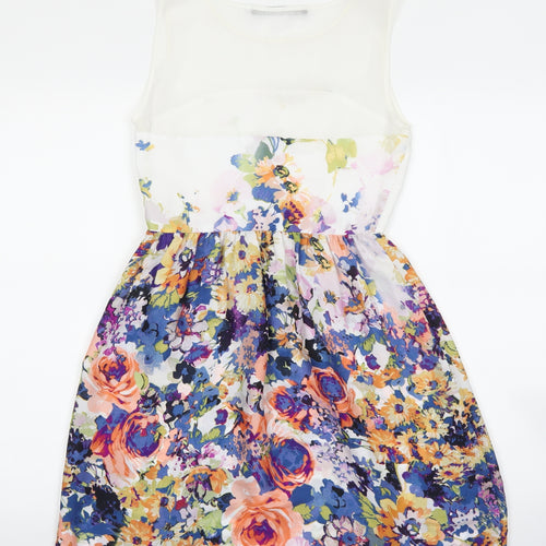 Zara Womens Blue Floral Polyester Fit & Flare Size XS Boat Neck Zip