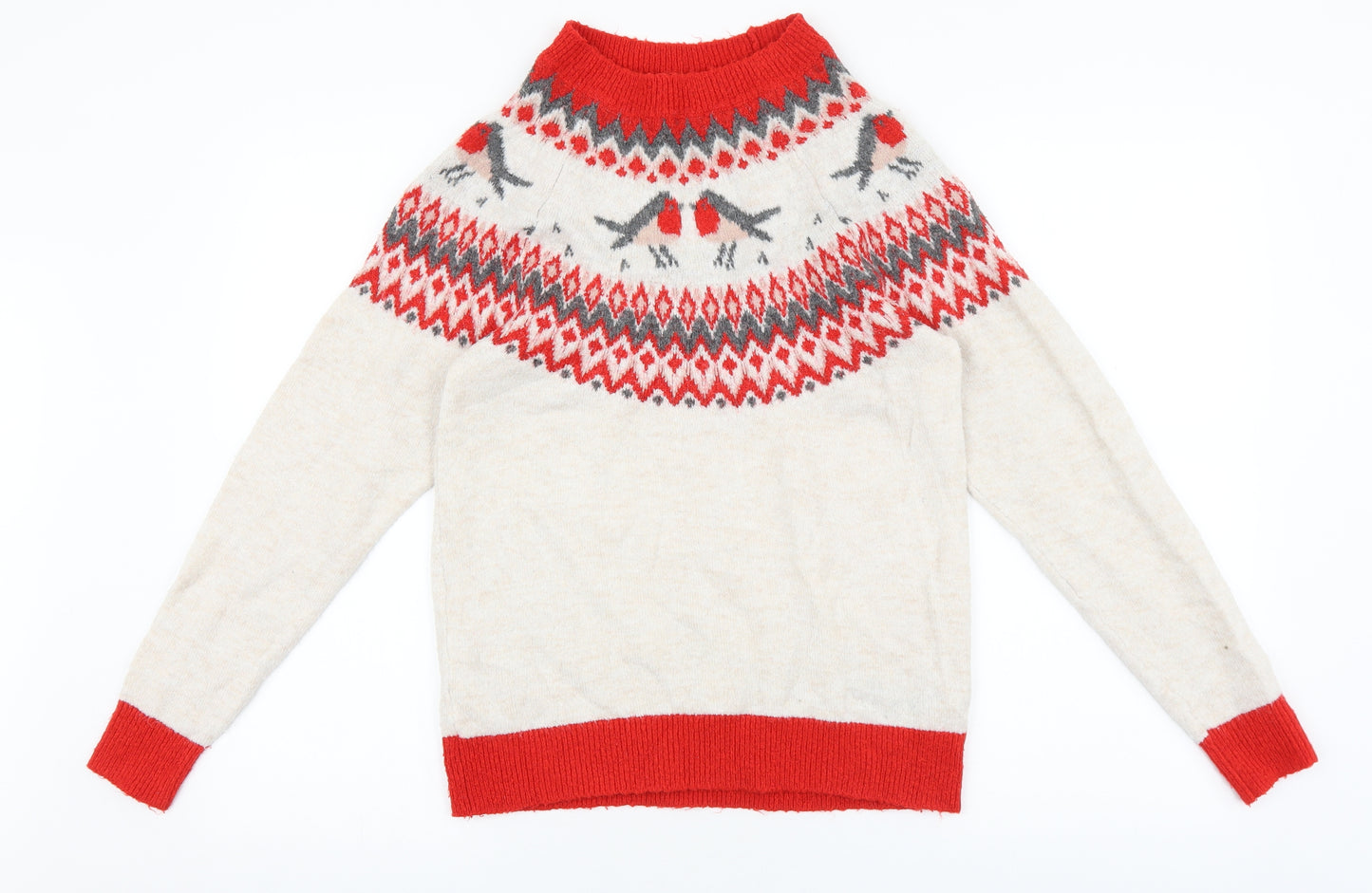 George Womens Beige Mock Neck Fair Isle Acrylic Pullover Jumper Size S - Christmas Jumper