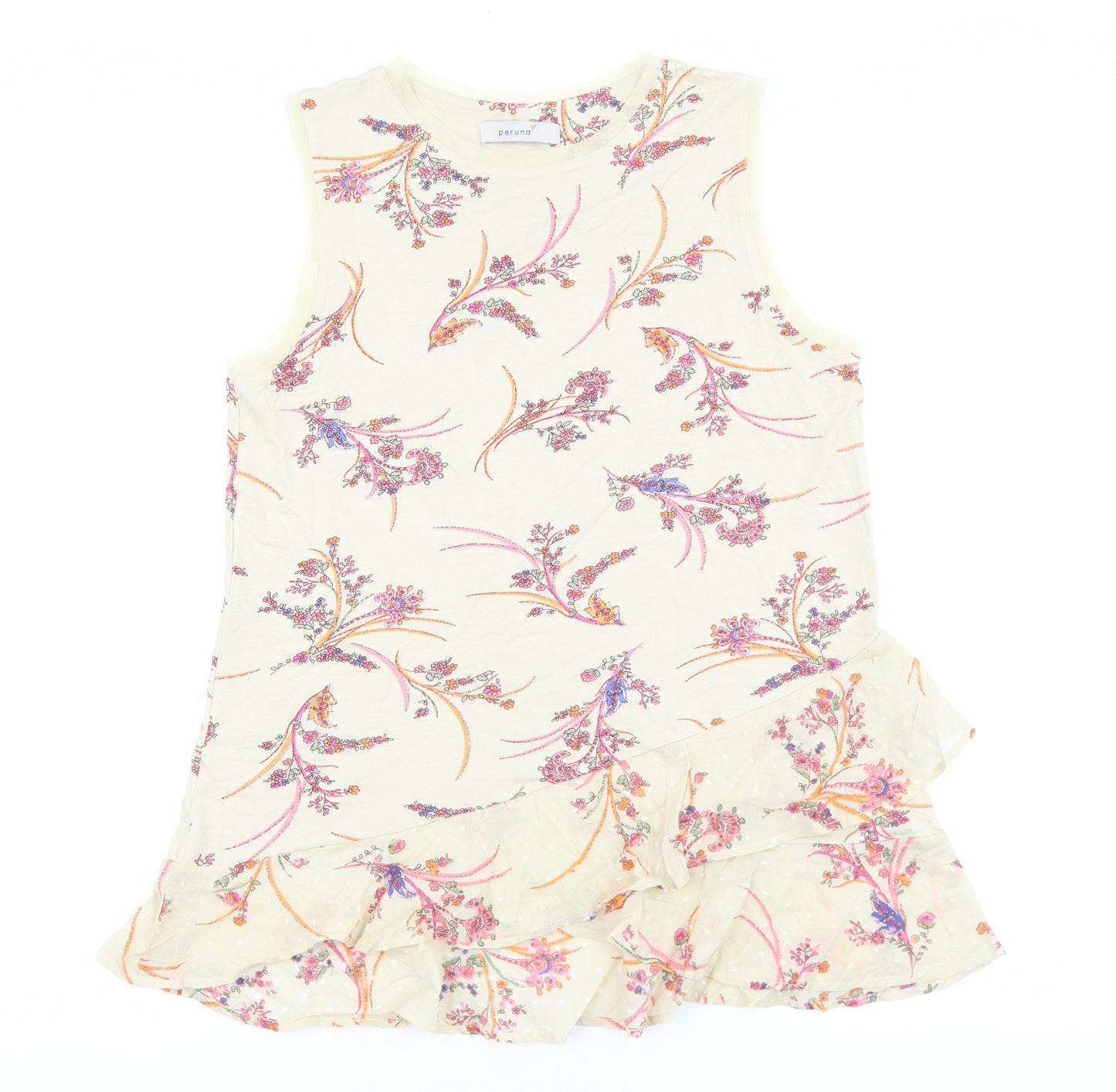 Marks and Spencer Womens Beige Floral 100% Cotton Basic Tank Size 8 Boat Neck