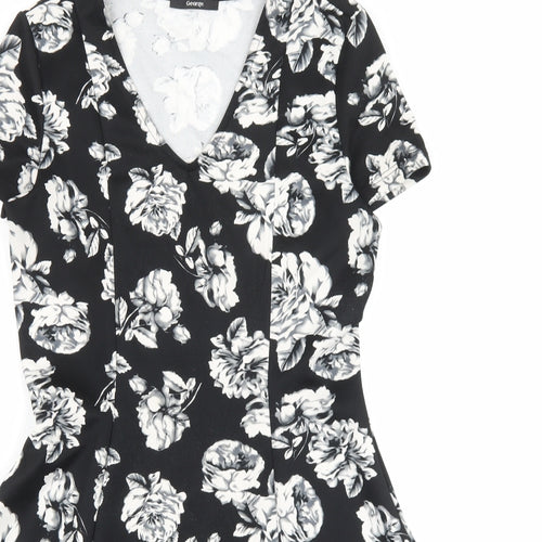George Womens Black Floral Polyester Skater Dress Size 10 V-Neck Pullover