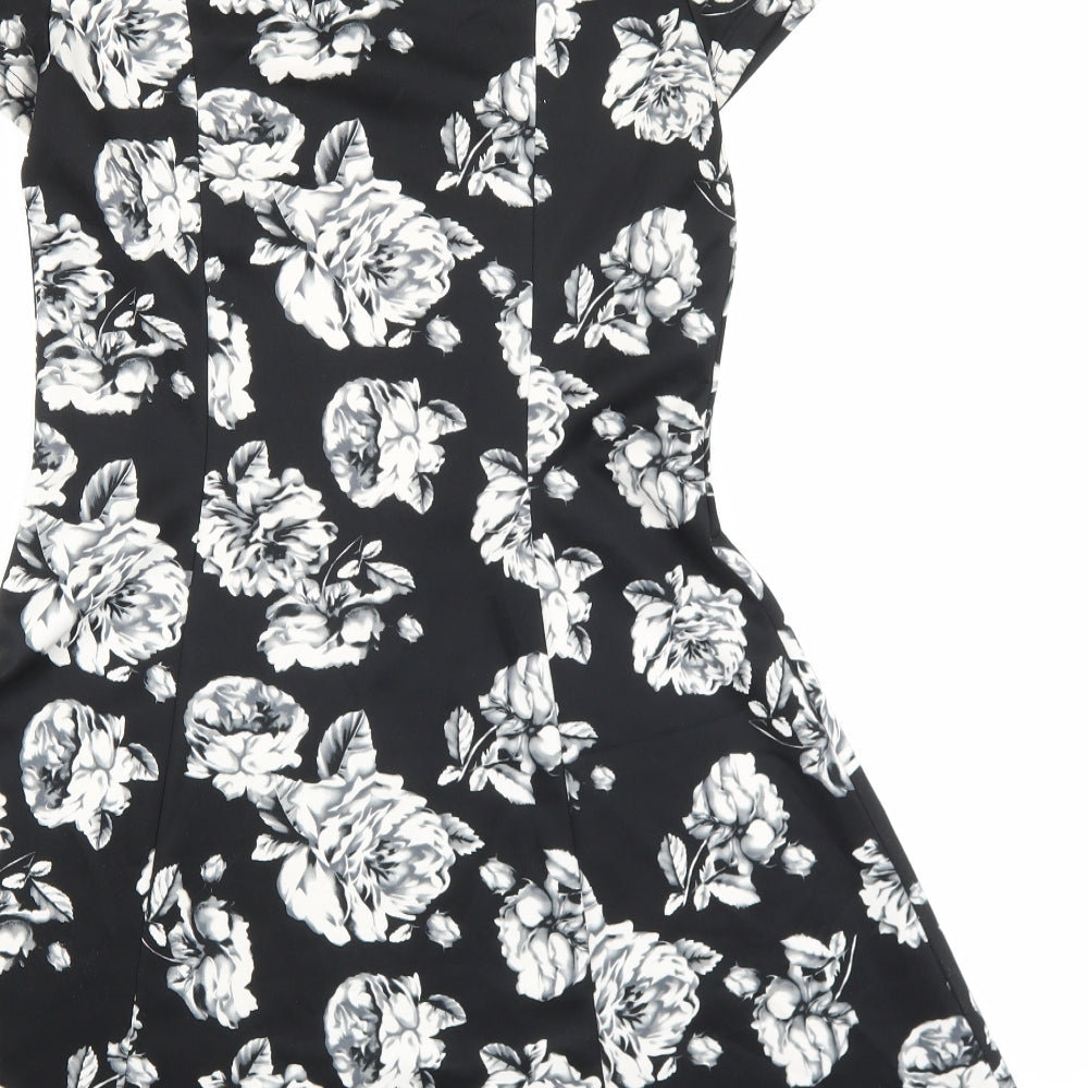 George Womens Black Floral Polyester Skater Dress Size 10 V-Neck Pullover