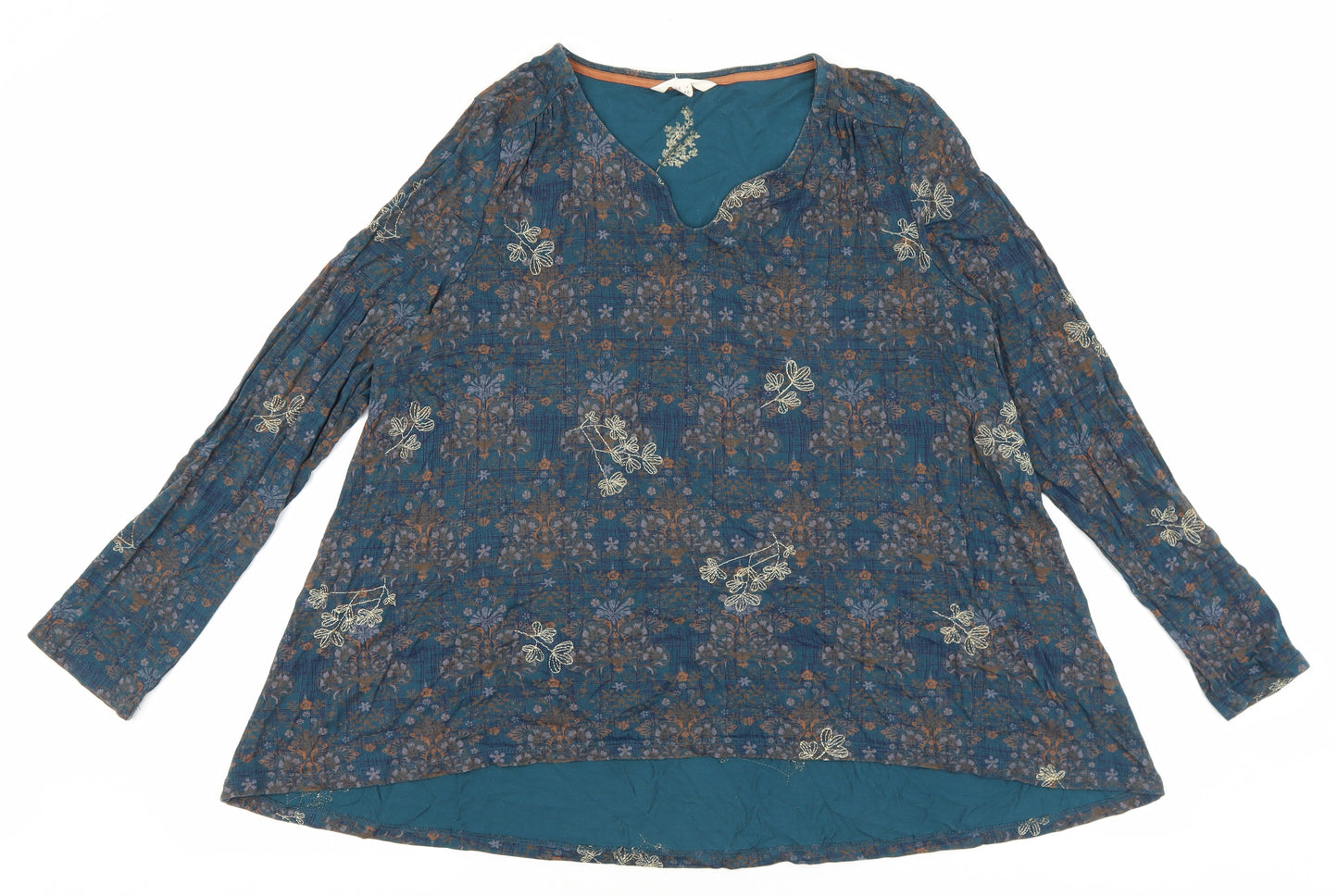 White Stuff Womens Blue Floral 100% Cotton Tunic Blouse Size 14 V-Neck