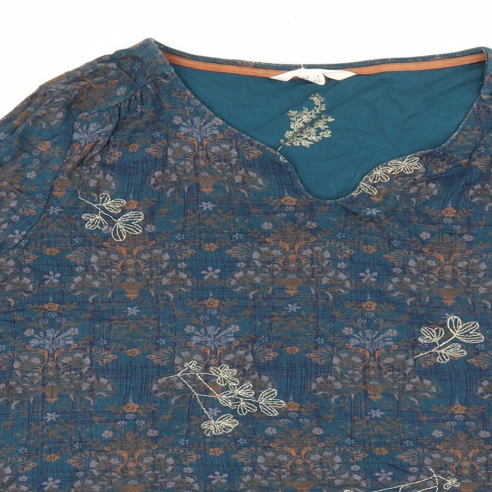 White Stuff Womens Blue Floral 100% Cotton Tunic Blouse Size 14 V-Neck